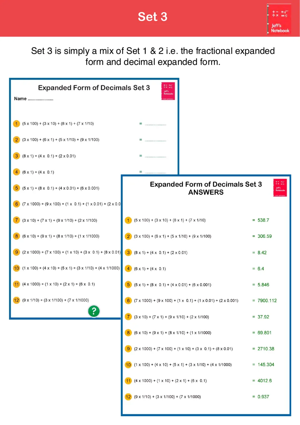Set 3 mixes fractional and decimal expanded forms; sample sheet and answers show sums such as 538.7 and 306.59
