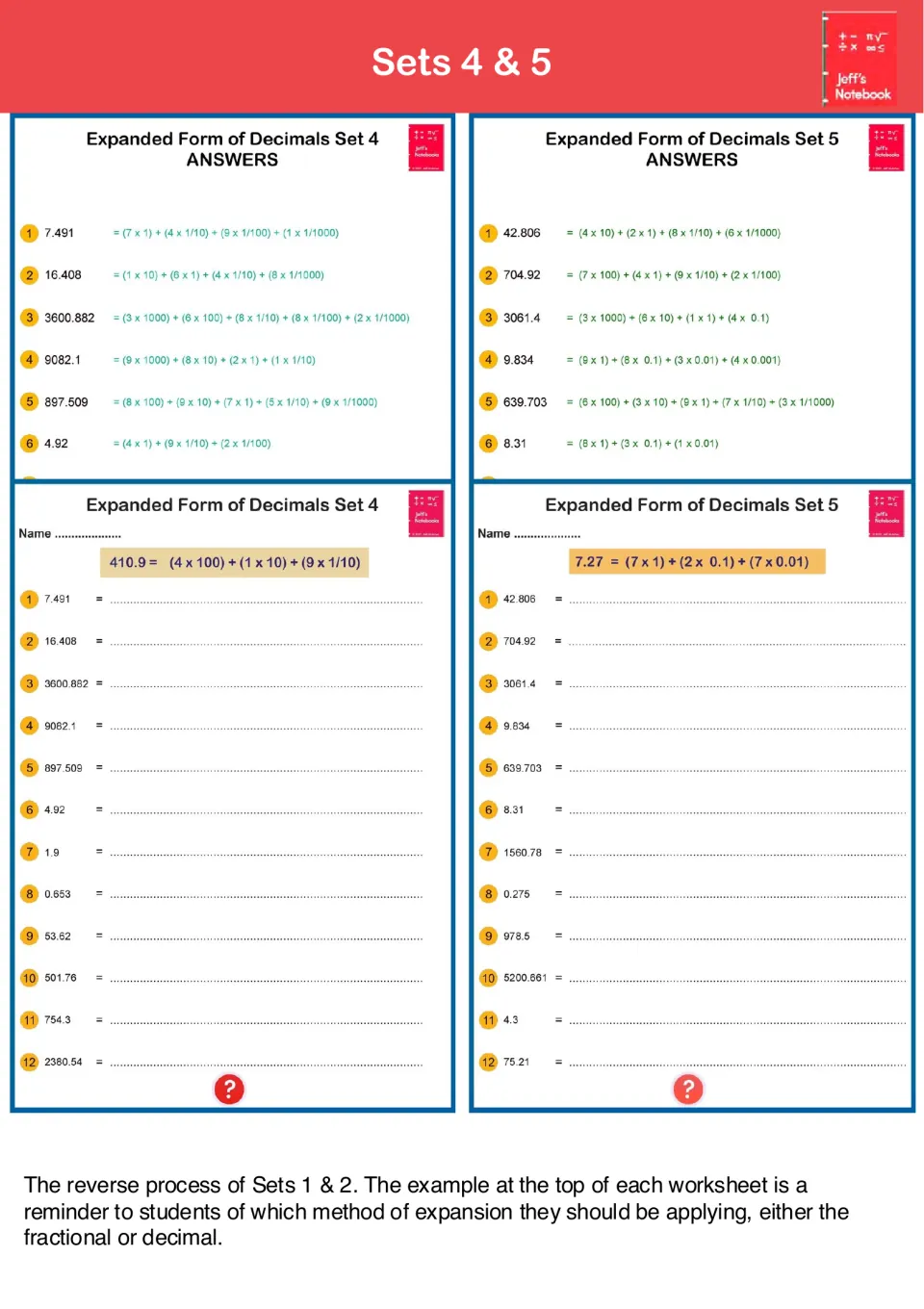 Sets 4 and 5 reverse the process: students expand numbers like 7.491 into fractional or decimal expanded form