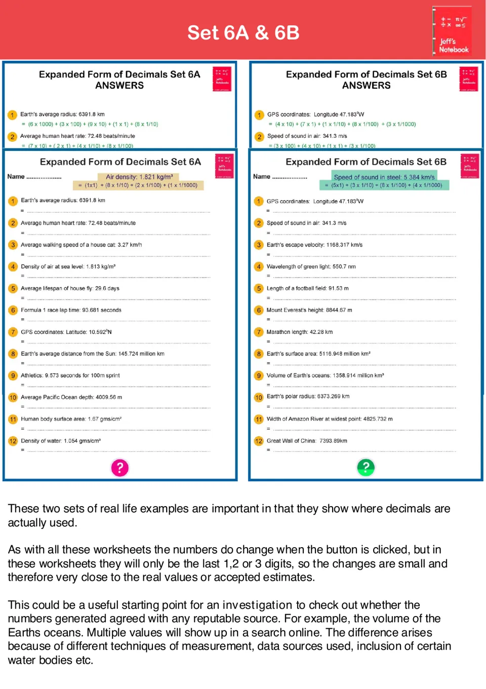 Sets 6A and 6B use real-life decimals like Earth's radius and heart rate for students to write in expanded fraction form