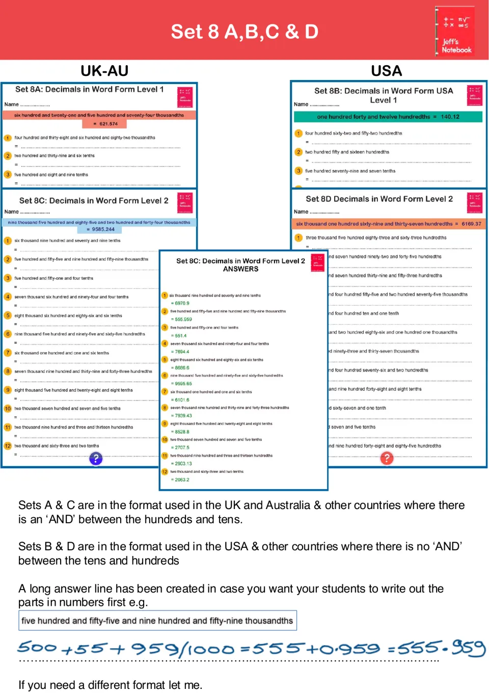Set 8A to 8D: students convert decimals written in words to standard form, in UK-AU style with 'and' or USA style