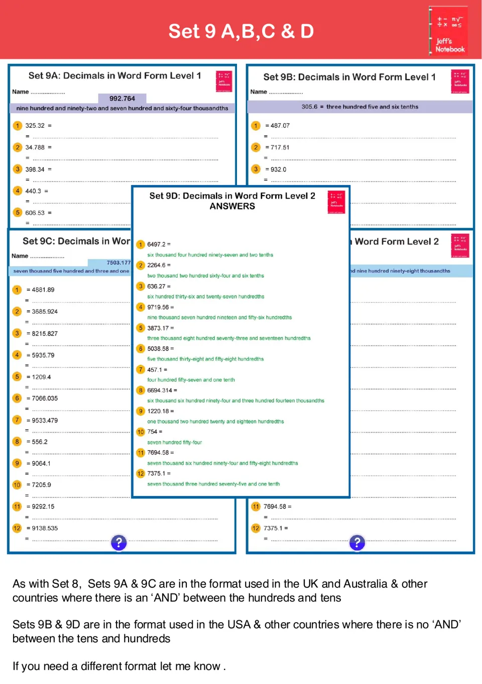Set 9A to 9D: students write standard-form decimals such as 325.32 in words, in UK-AU or USA format, with answer sheets