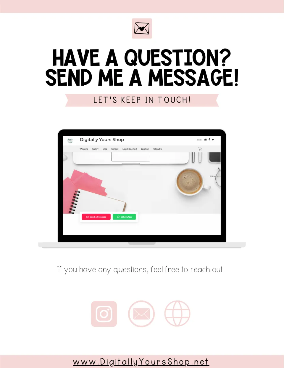 Seller contact page: 'Have a question? Send me a message!' showing the Digitally Yours Shop site with message buttons