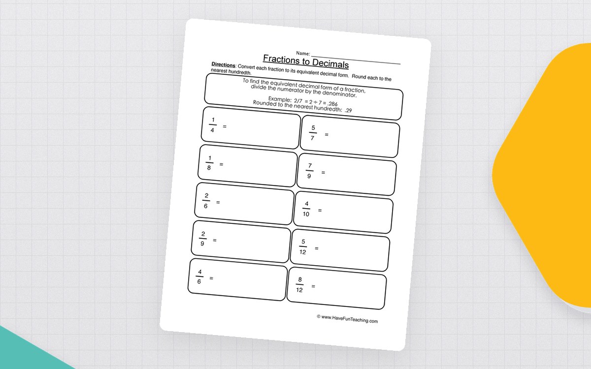 Fraction-to-decimal worksheet with ten work boxes and a division-and-rounding example.