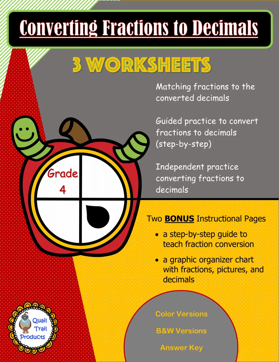 Cover for Grade 4 fraction-to-decimal set: 3 worksheets, a step-by-step guide, a picture chart and an answer key