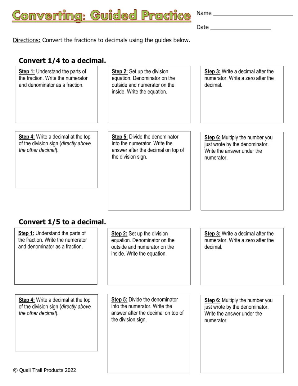 Converting: Guided Practice, students follow six labeled steps to divide and convert 1/4 and then 1/5 into decimals