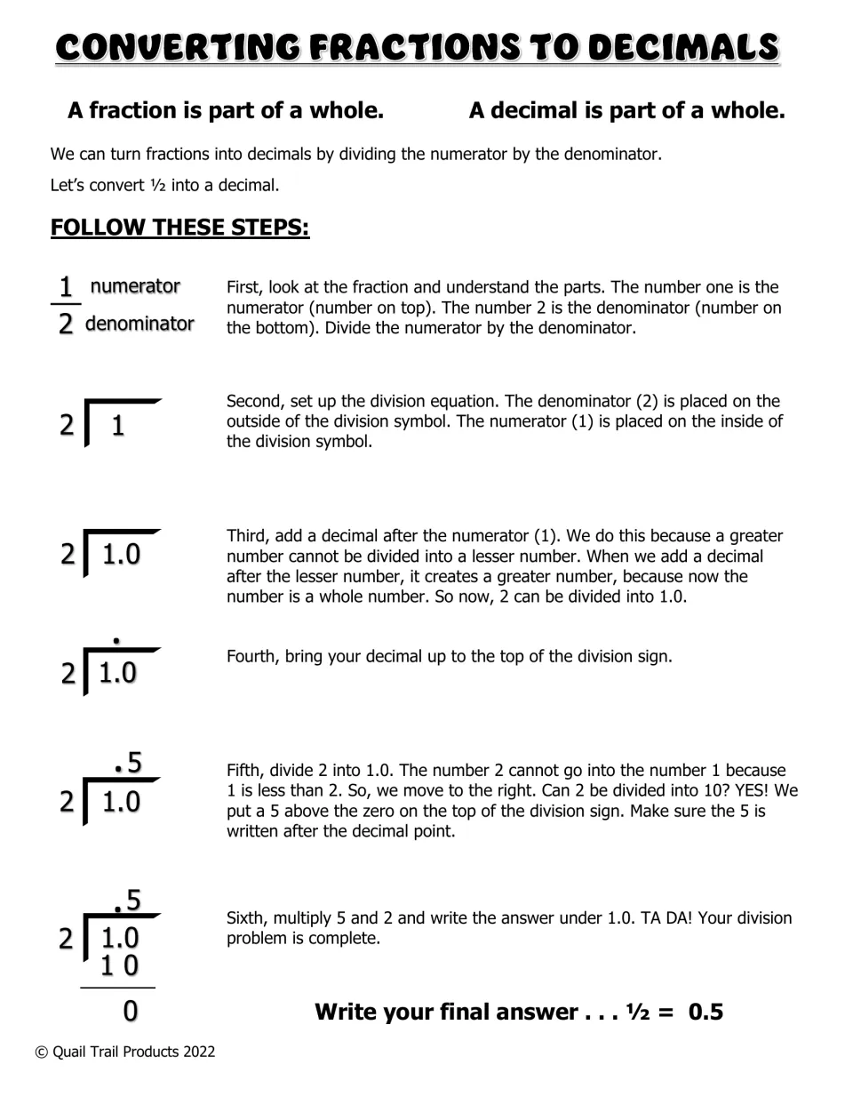 Black-and-white guide showing how to change 1/2 into 0.5 by dividing the numerator by the denominator in six steps