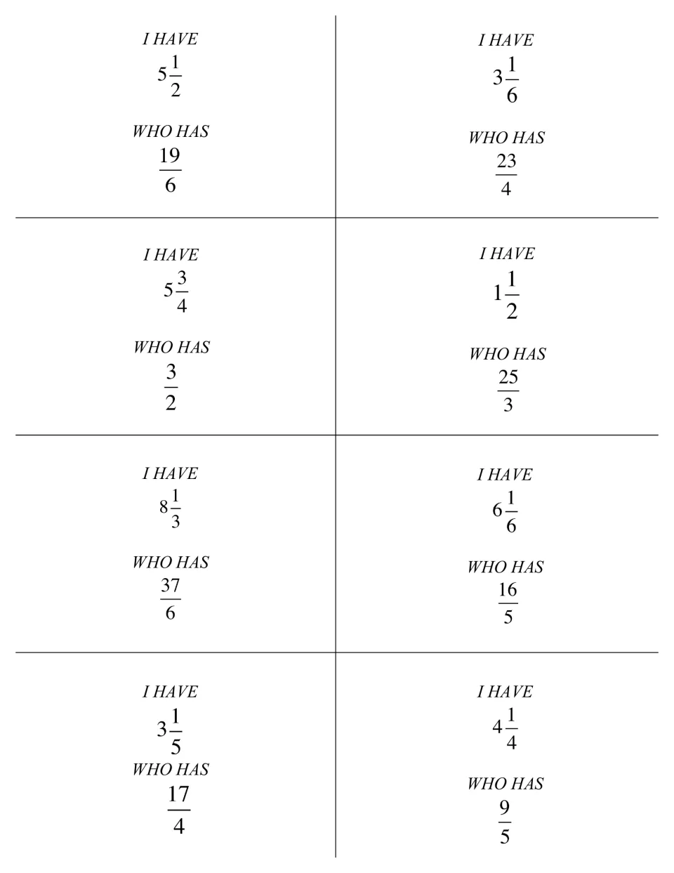 Mixed-number cards: I have 5 1/2 who has 19/6 through 4 1/4 who has 9/5; students convert to find the matching card