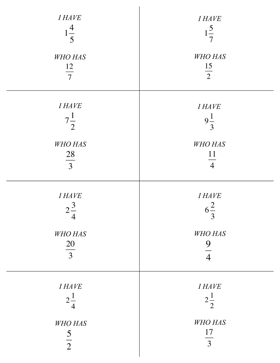 Fraction conversion cards from I have 1 4/5 who has 12/7 to I have 2 1/2 who has 17/3; players rename improper fractions