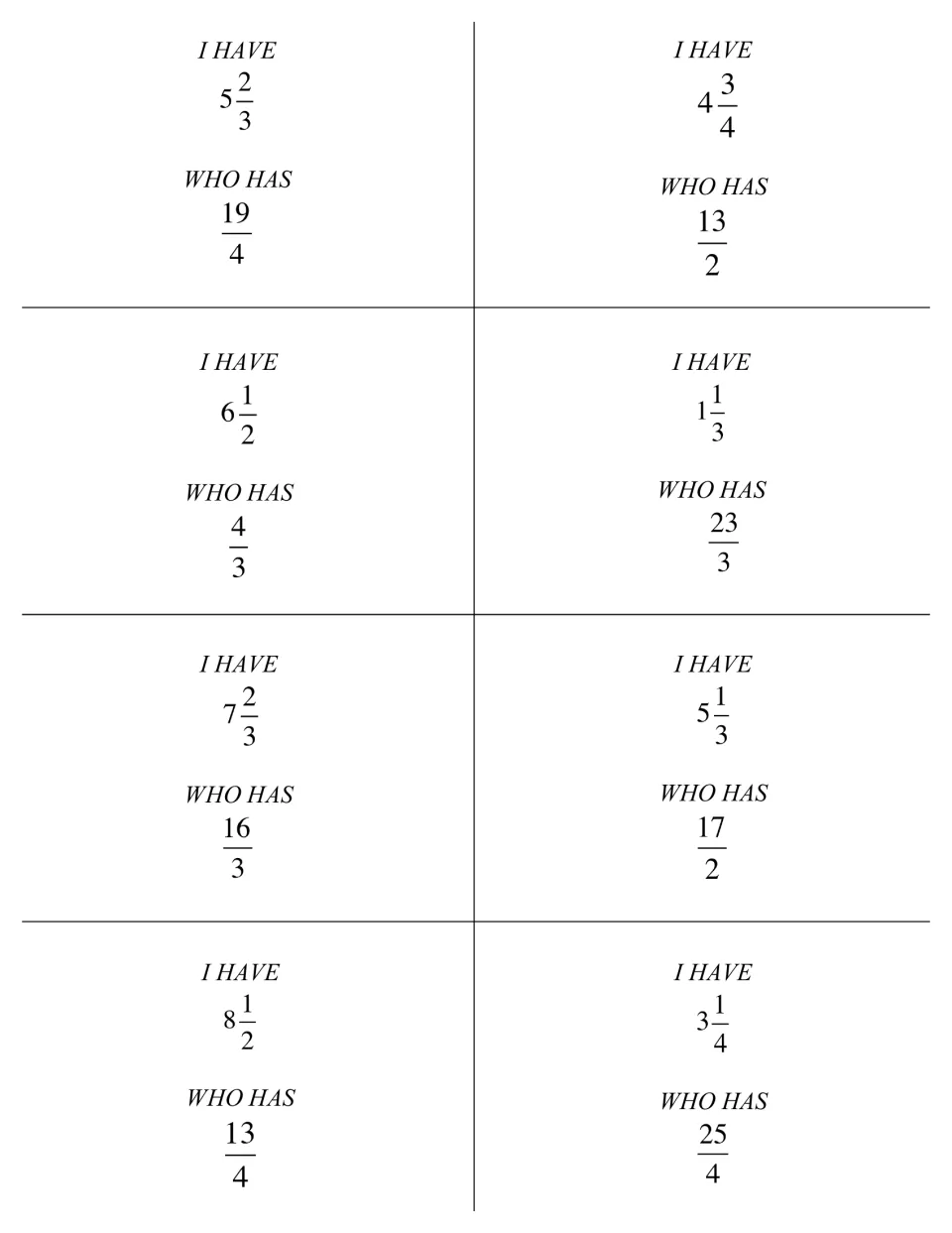 Improper fractions to mixed numbers: eight cards from I have 5 2/3 who has 19/4 to I have 3 1/4 who has 25/4