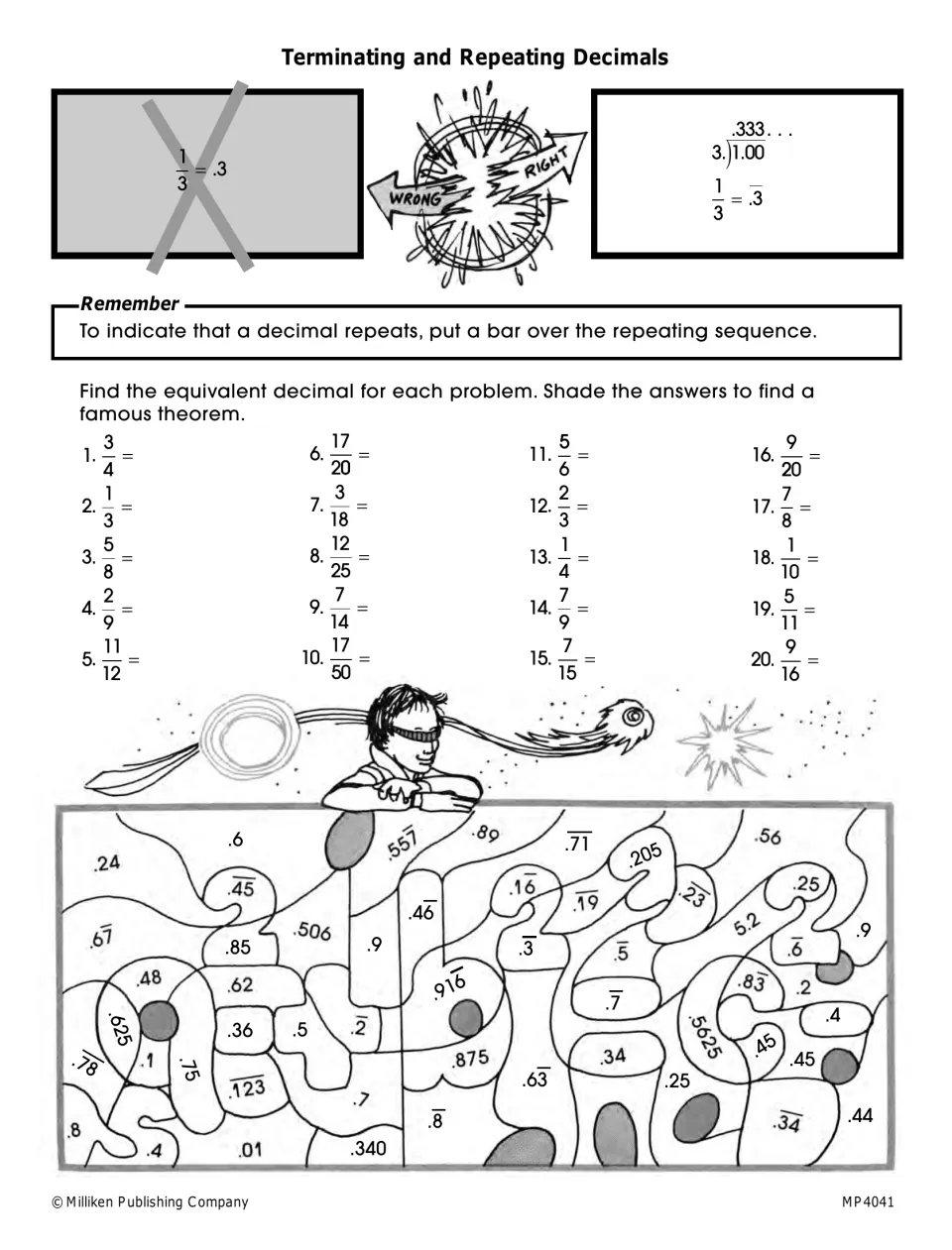 Terminating and repeating decimals: students convert 20 fractions to decimals, then shade answers to reveal a theorem