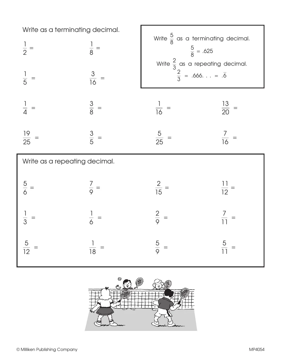 Fractions to decimals: students write 16 fractions as terminating decimals and 12 as repeating decimals, like 5/8 and 2/3