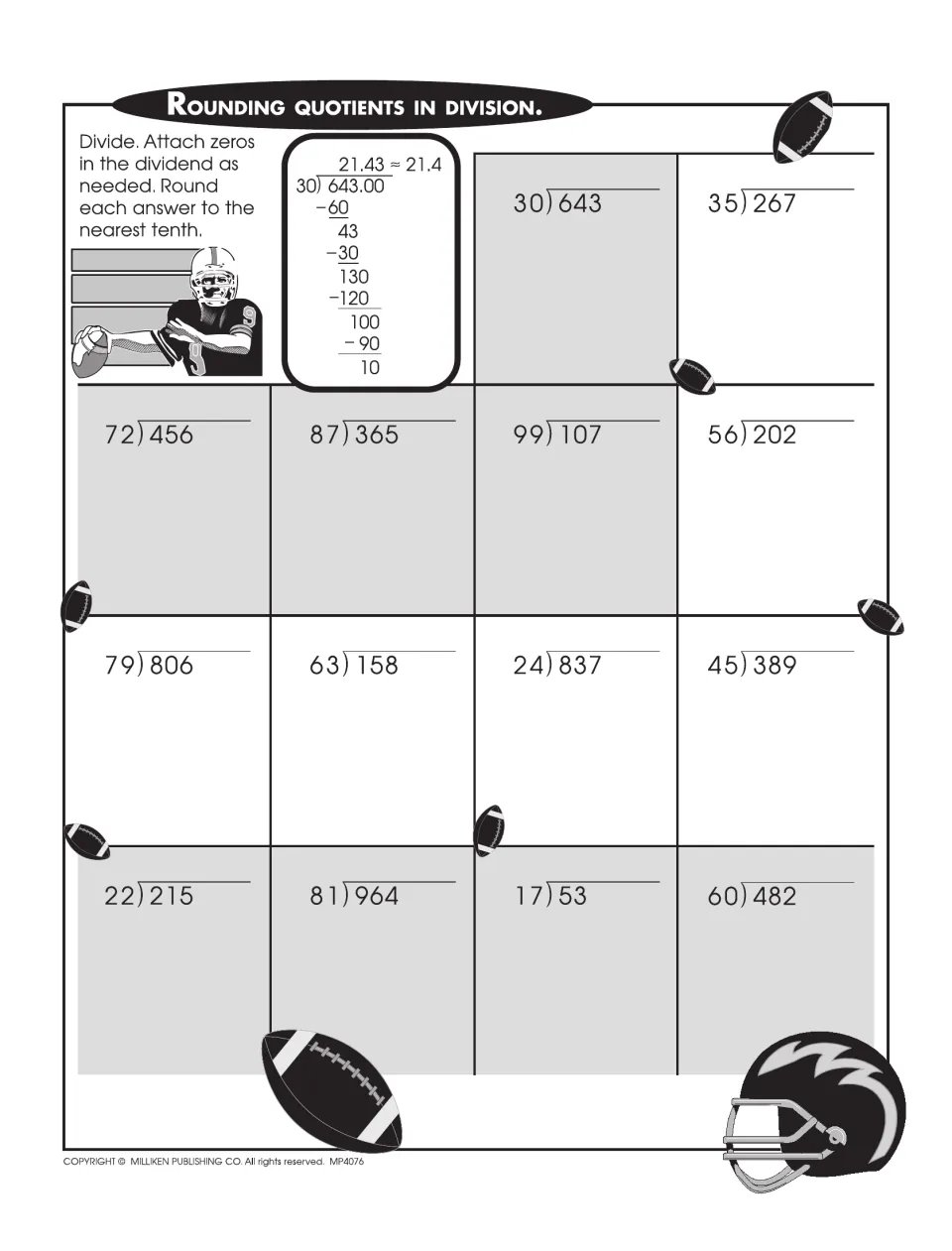 Rounding quotients in division: students divide 14 problems such as 30)643 and round each quotient to the nearest tenth