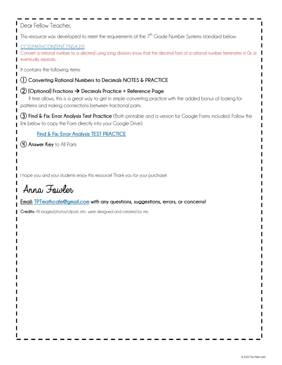 Teacher introduction lists decimal conversion notes, fraction practice, error analysis, and answer keys.