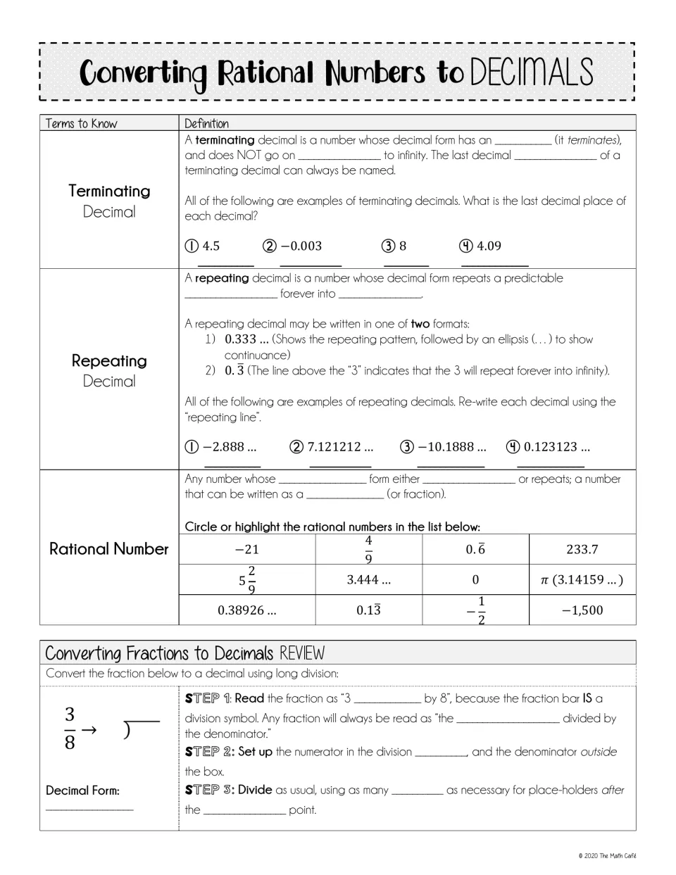 Guided notes define terminating and repeating decimals and rational numbers, then review converting 3/8.
