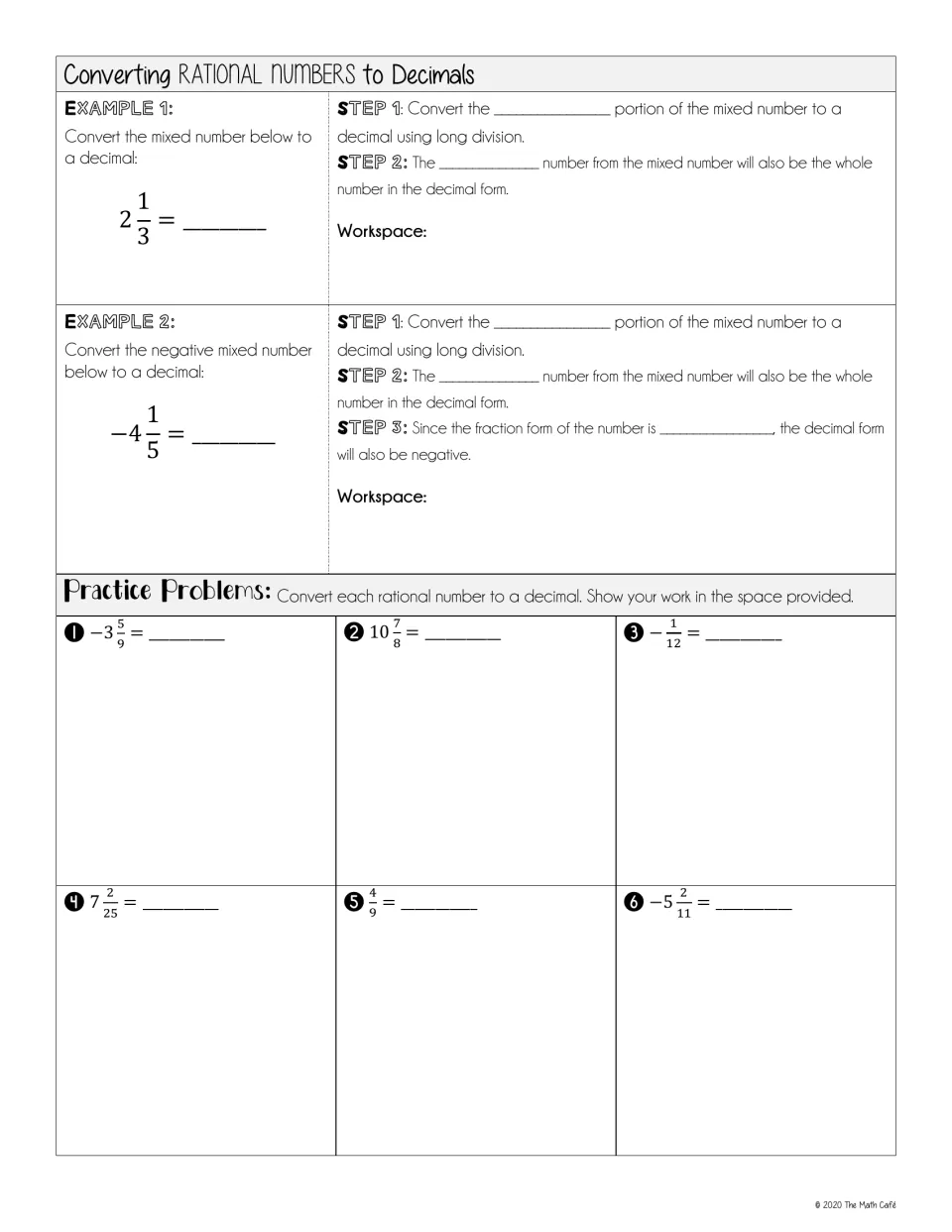 Mixed-number conversion notes use 2 1/3 and -4 1/5 as examples, followed by six decimal conversion problems.