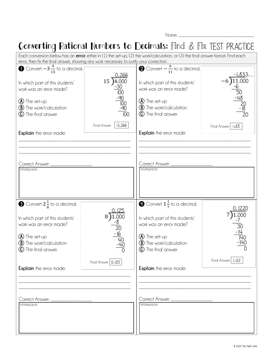 Find & Fix test practice asks students to identify, explain, and correct errors in four decimal conversions.