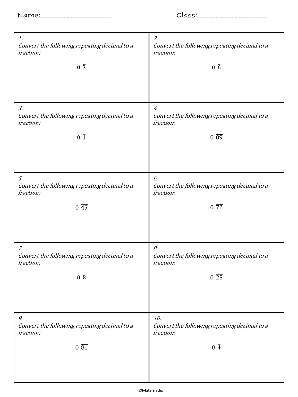 Repeating decimals to fractions, problems 1-10: students convert 0.3, 0.6, 0.09, 0.45, 0.81 and more with repeat bars