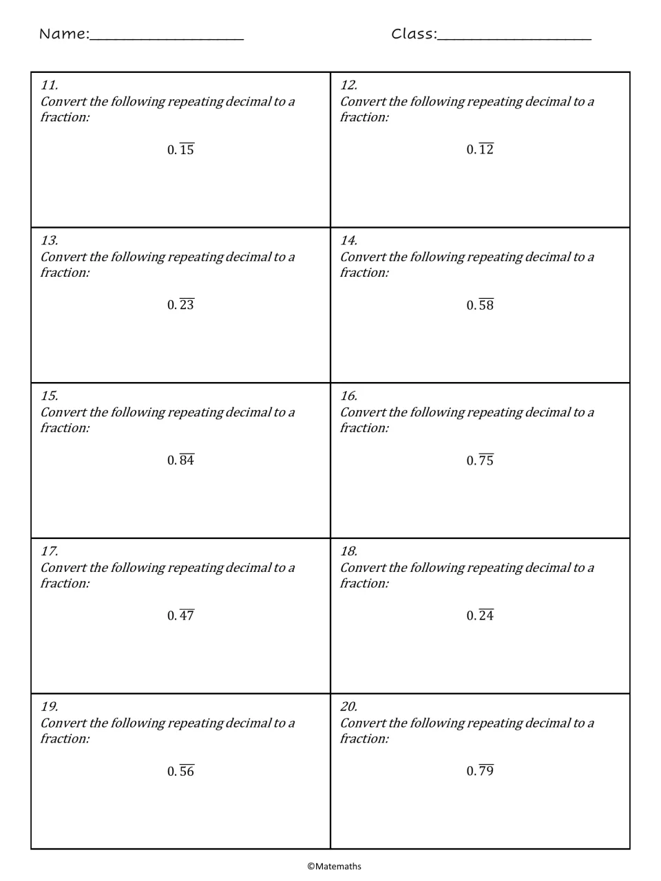 Two-digit repeating decimals, problems 11-20: students turn 0.15, 0.23, 0.84, 0.47, 0.79 and others into fractions