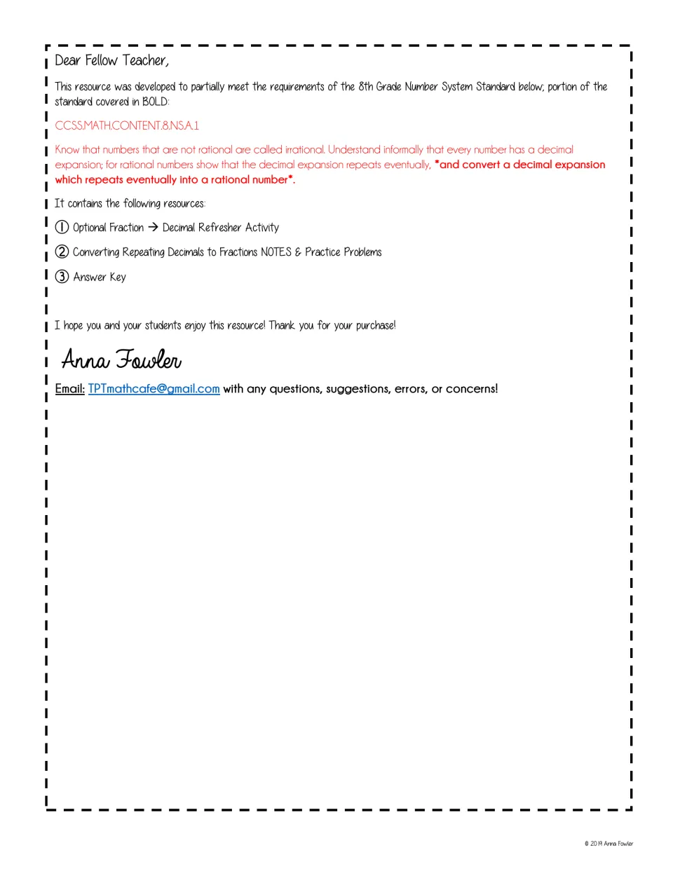 Teacher letter citing standard 8.NS.A.1 and listing a fraction refresher, repeating decimal notes, practice and answer key
