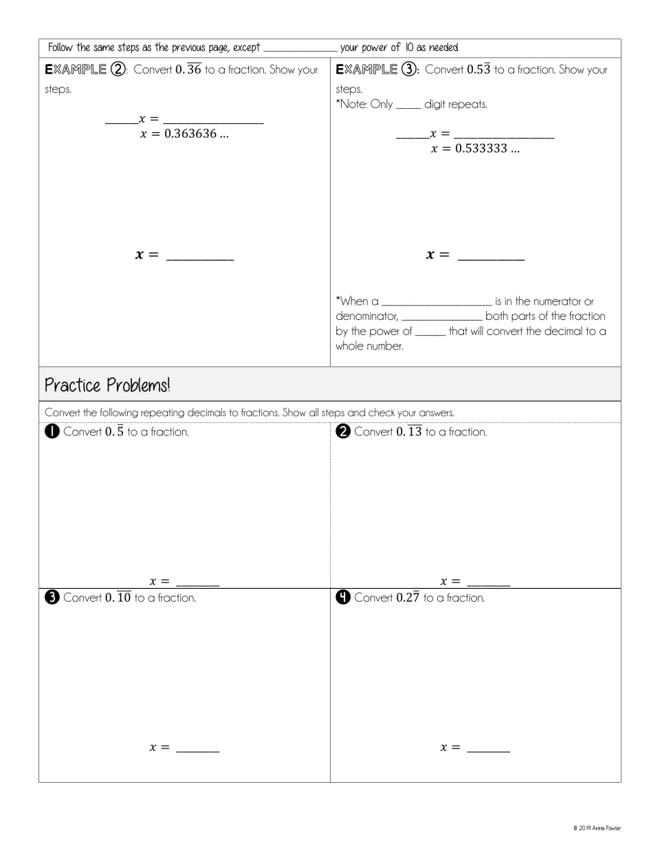 Examples converting 0.36 and 0.53 repeating to fractions, then four practice problems such as 0.5, 0.13 and 0.27 repeating