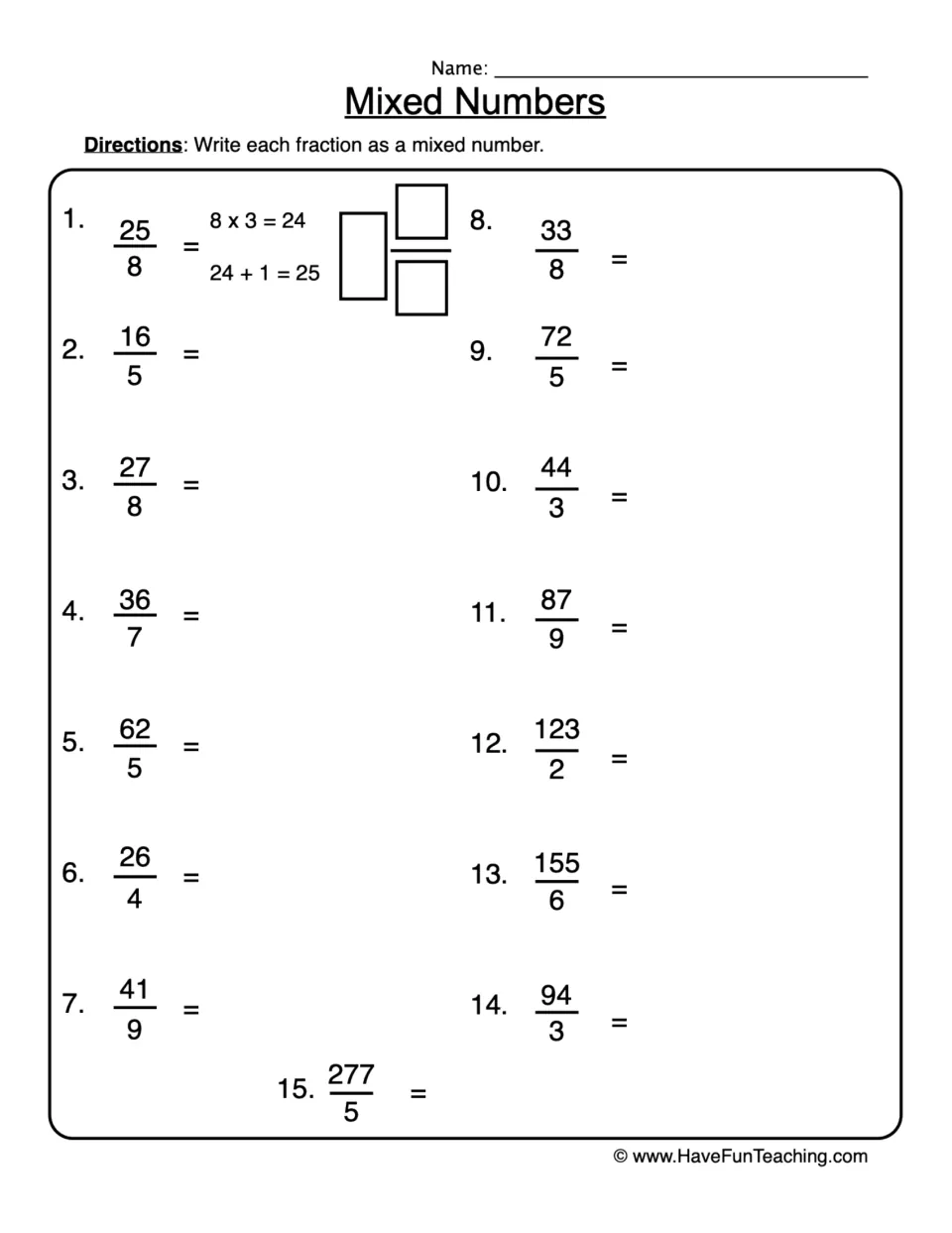 Mixed Numbers: students rewrite 15 improper fractions such as 25/8 and 277/5 as mixed numbers, with a worked first example