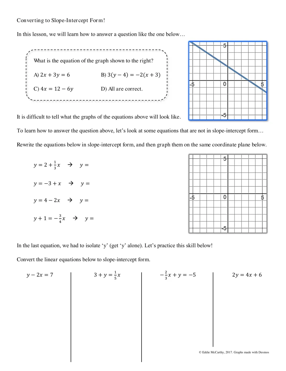 Slope-intercept form notes: students rewrite equations like y = 2 + 1/3x, graph them, then isolate y in four equations