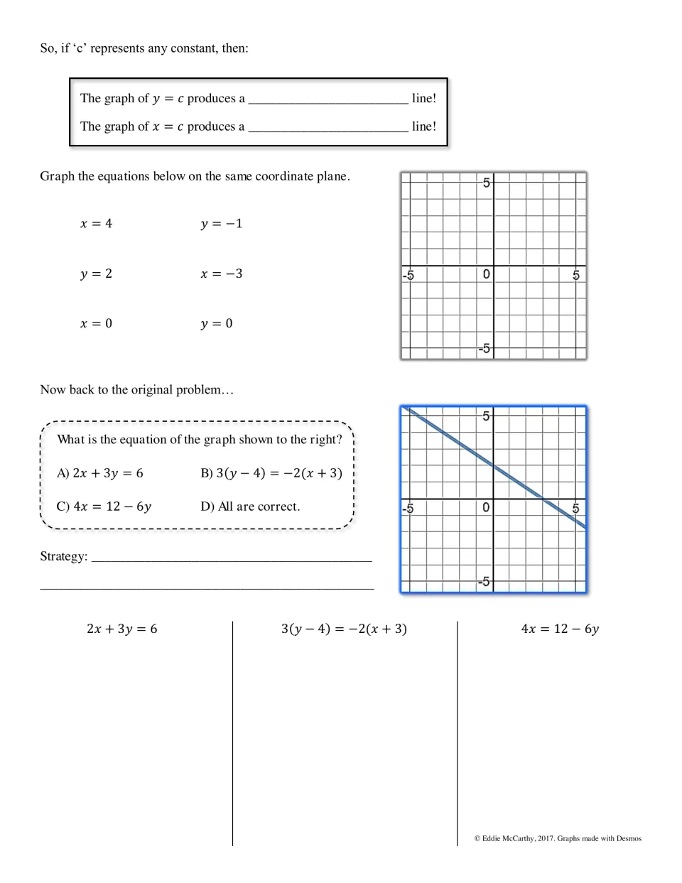 Horizontal and vertical lines: students complete y = c and x = c rules, graph six lines, then revisit the opening question