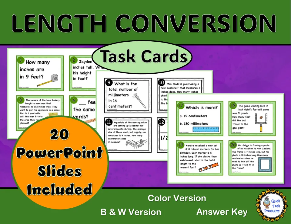 Length Conversion Task Cards cover showing sample cards, 20 PowerPoint slides, color and B&W versions and an answer key