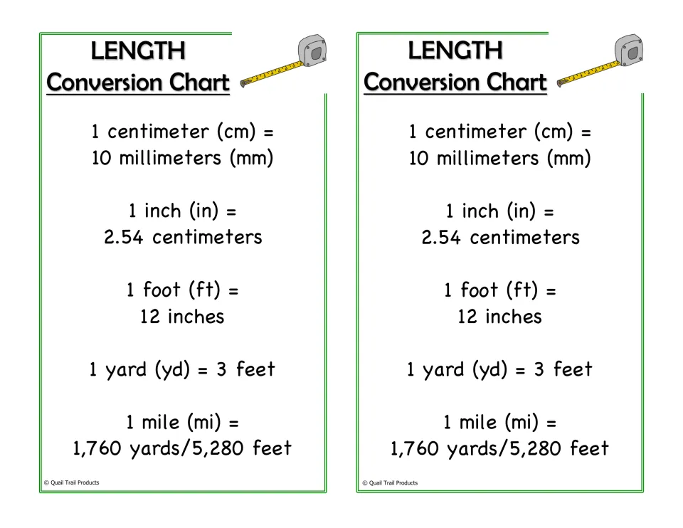 Length conversion chart, two copies: metric and customary equivalents from 1 cm = 10 mm to 1 mile = 5,280 feet