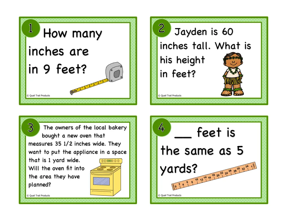 Task cards 1-4: students convert feet to inches, inches to feet, yards to feet and test if a 35 1/2 inch oven fits 1 yard