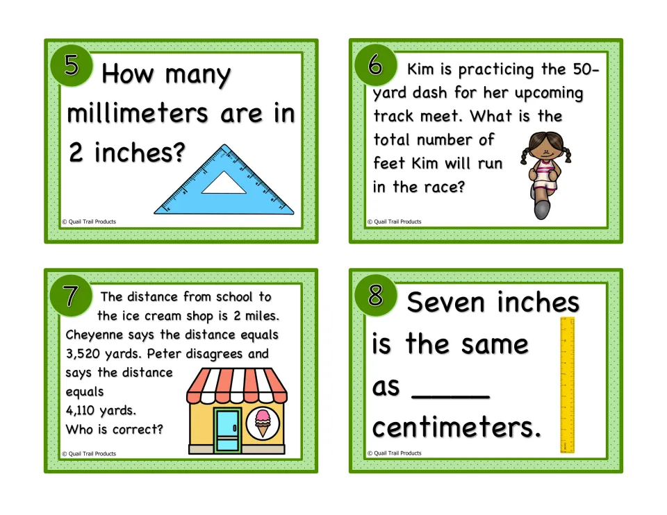 Task cards 5-8: students change 2 inches to millimeters, a 50-yard dash to feet, 2 miles to yards, and 7 inches to cm