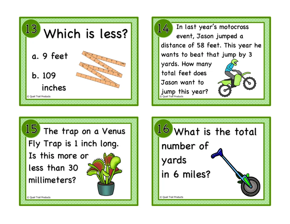 Task cards 13-16: students compare 9 feet and 109 inches, 1 inch and 30 mm, add 3 yards to 58 feet, find yards in 6 miles