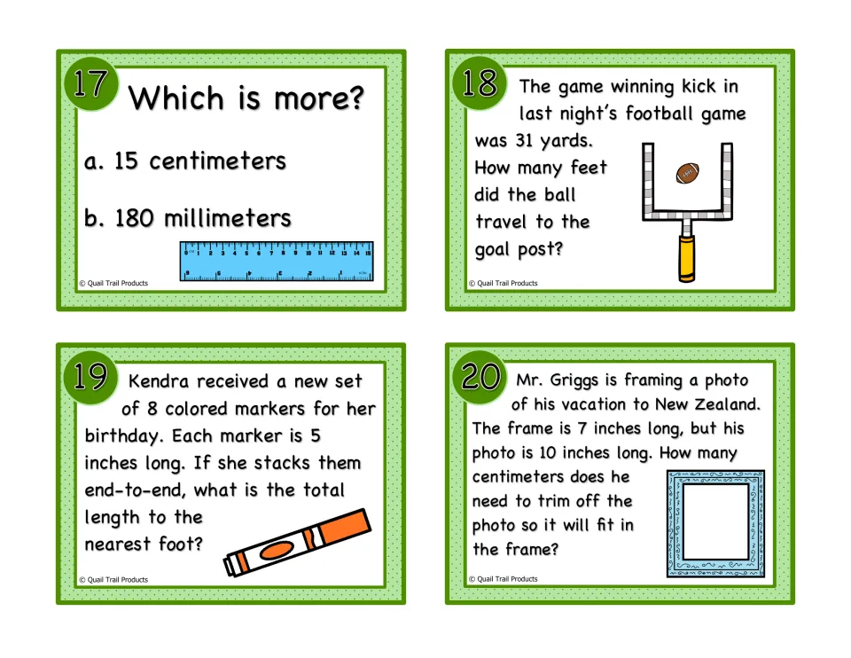 Task cards 17-20: students compare 15 cm and 180 mm, change a 31-yard kick to feet, total 8 markers and trim a photo in cm