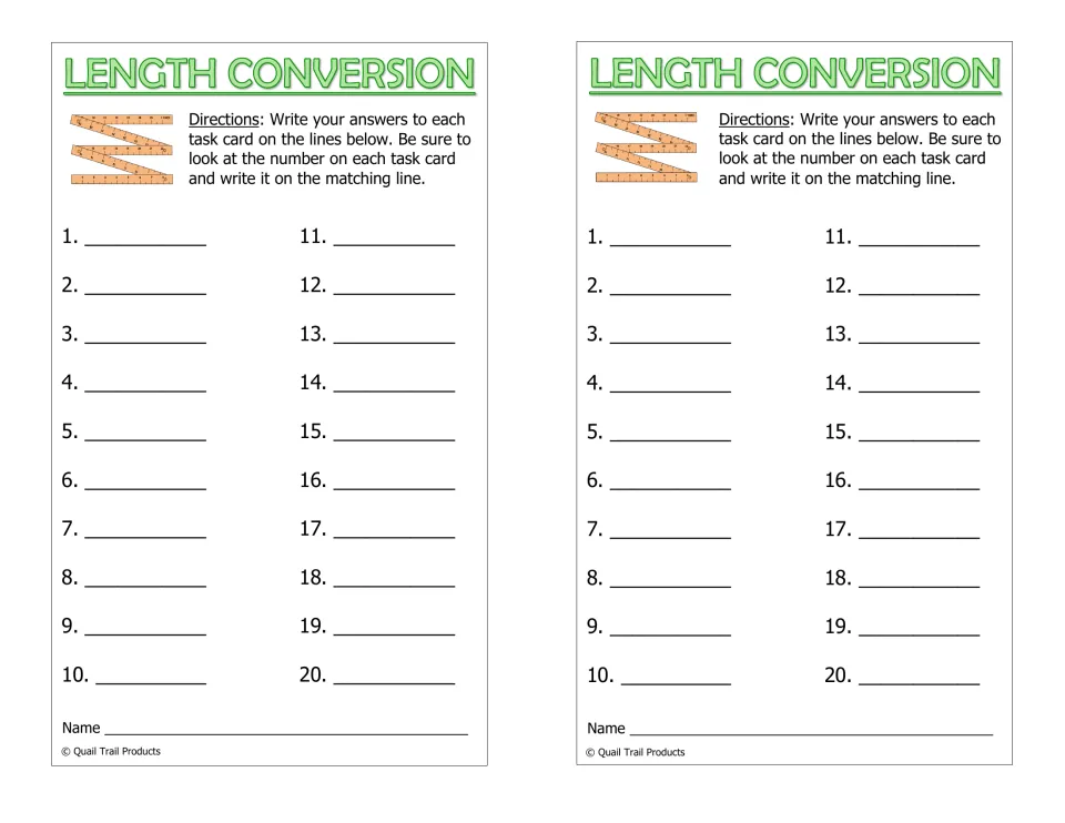 Length conversion recording sheet: students write answers to task cards 1-20 by number and add their name, two copies