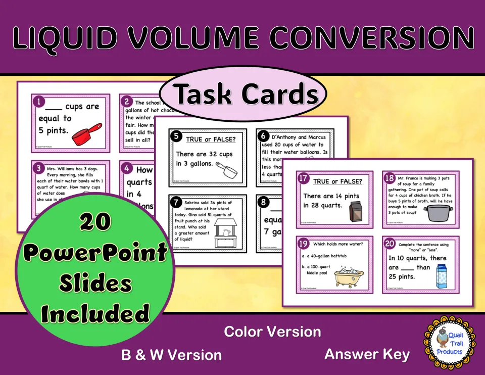 Liquid volume conversion task card cover showing sample cards and listing 20 PowerPoint slides and an answer key