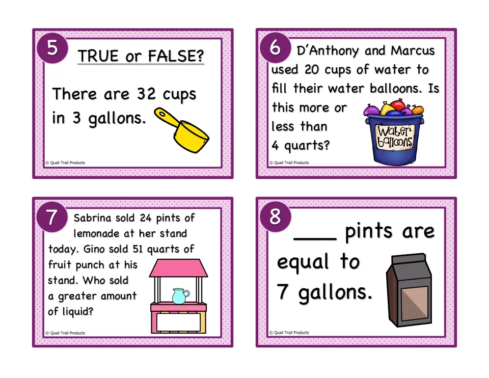 Liquid volume cards 5–8: check 32 cups against 3 gallons, compare water and drink amounts, and convert 7 gallons
