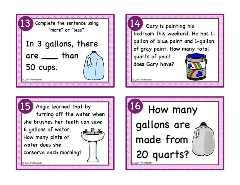 Liquid volume cards 13–16: compare 3 gallons to 50 cups, convert paint and saved water, and convert 20 quarts