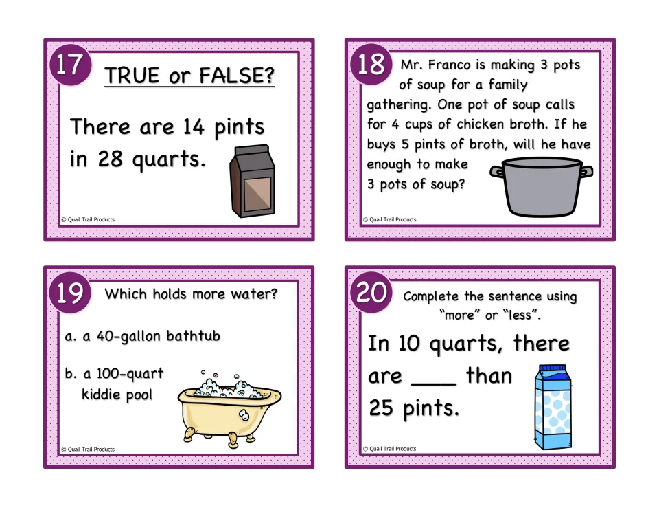 Liquid volume cards 17–20: check pints in quarts, assess soup broth, compare tub and pool capacities, and more