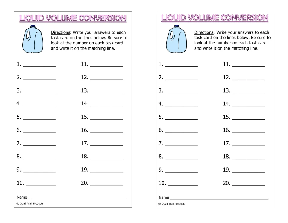 Two liquid volume answer recording sheets, each numbered 1–20, with directions to match answers to task cards
