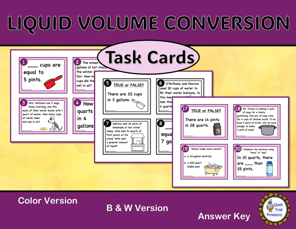 Liquid volume task card cover showing sample conversion questions and labels for color, black-and-white, and answers