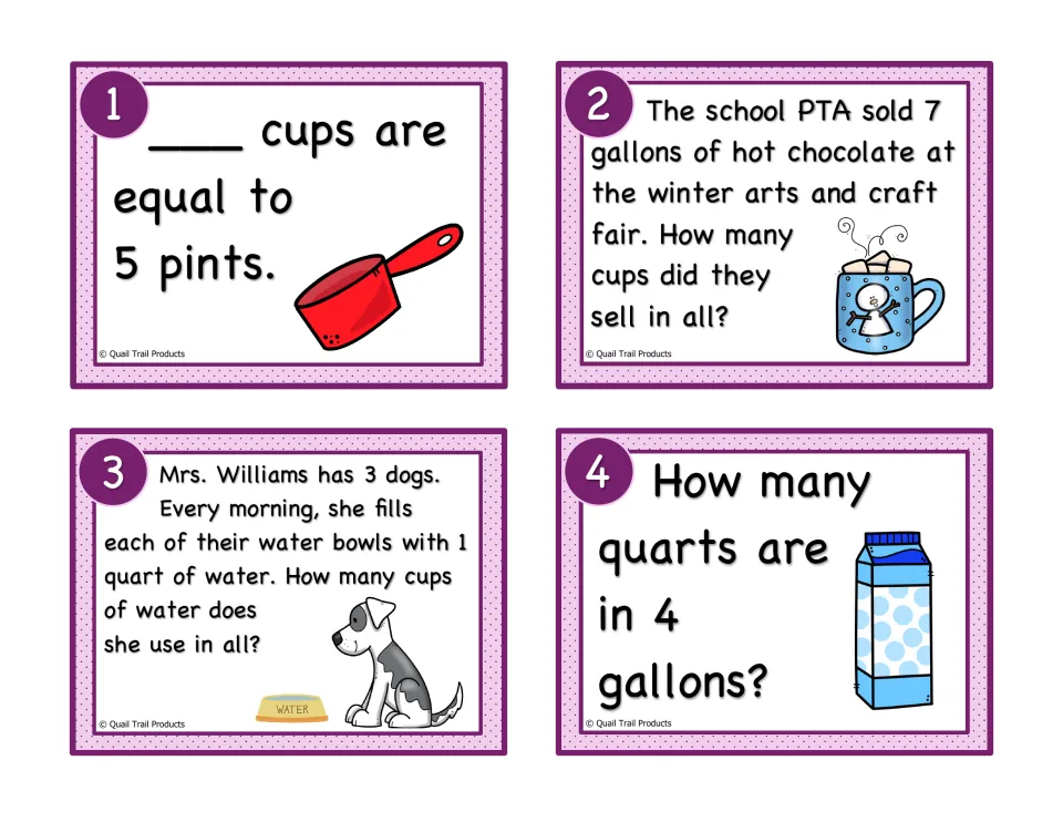 Liquid volume cards 1–4: convert 5 pints to cups, 7 gallons to cups, dog bowl water to cups, and 4 gallons to quarts