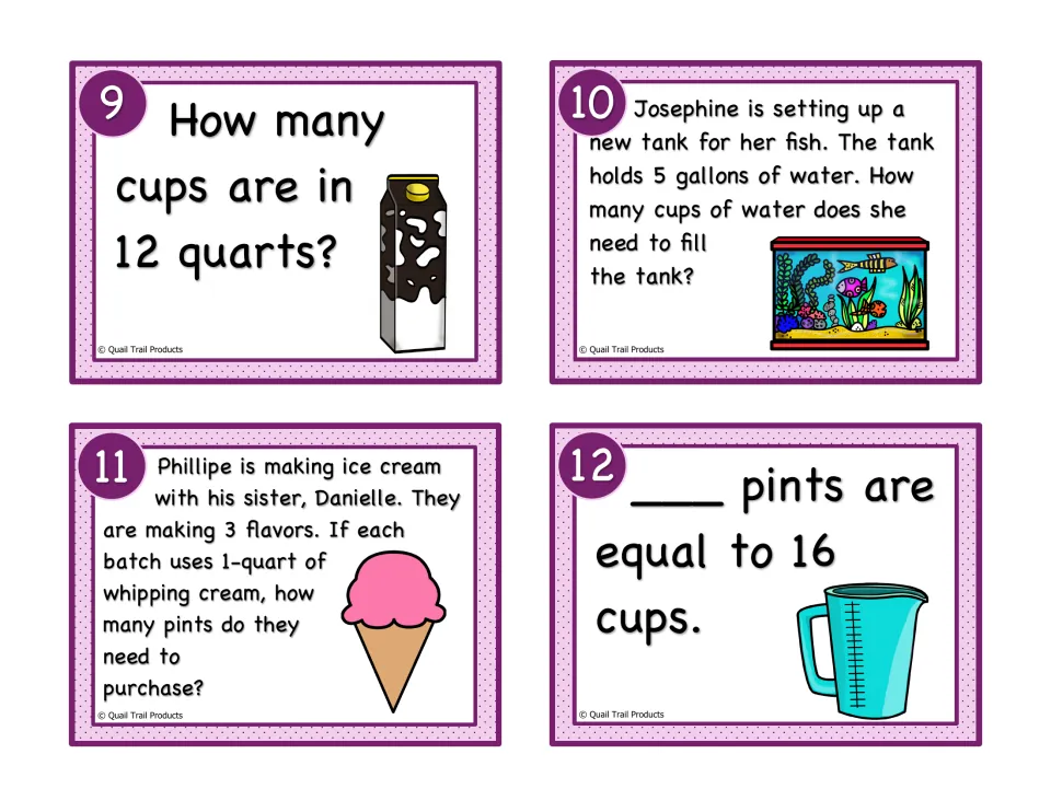 Liquid volume cards 9–12: convert 12 quarts and 5 gallons to cups, cream to pints, and 16 cups to pints