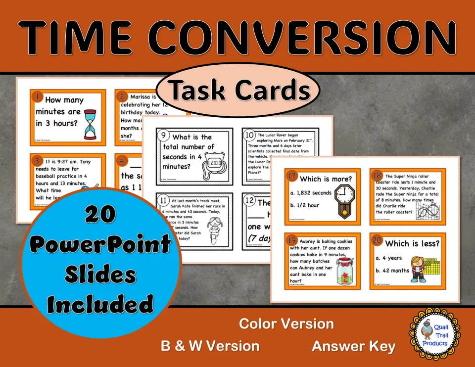 Cover for time conversion task cards, showing sample cards and listing 20 included PowerPoint slides