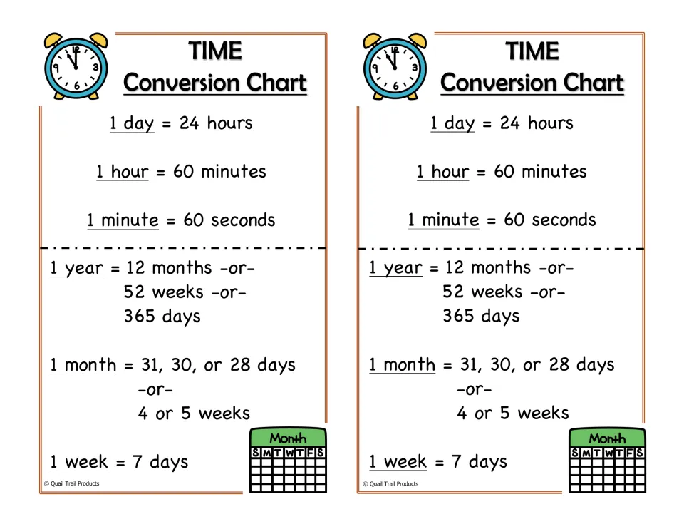 Two copies of the time conversion reference chart, covering seconds, minutes, hours, days, weeks, months, and years