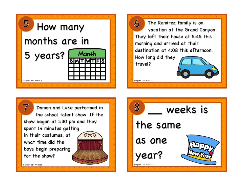 Time task cards 5–8: months in 5 years, Grand Canyon travel time, talent show preparation, and weeks in a year
