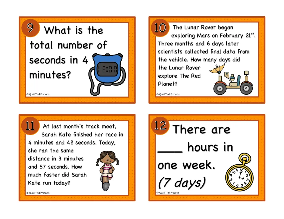 Time task cards 9–12: seconds in 4 minutes, rover exploration days, race time improvement, and hours in a week