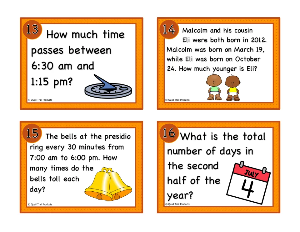 Time task cards 13–16: elapsed time from 6:30 am to 1:15 pm, birth dates, ringing bells, and days in half a year