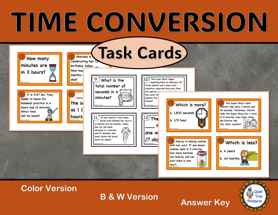 Time conversion task card cover showing sample cards and labels for color, black-and-white, and answer key versions