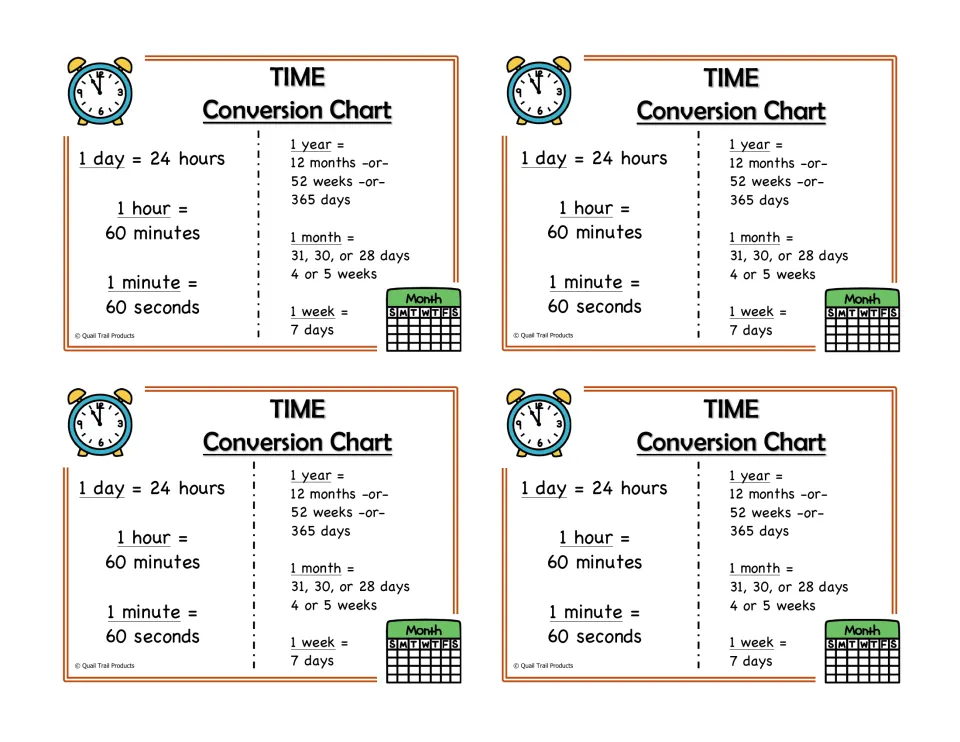 Four quarter-page time conversion charts list seconds per minute, hours per day, and calendar time units