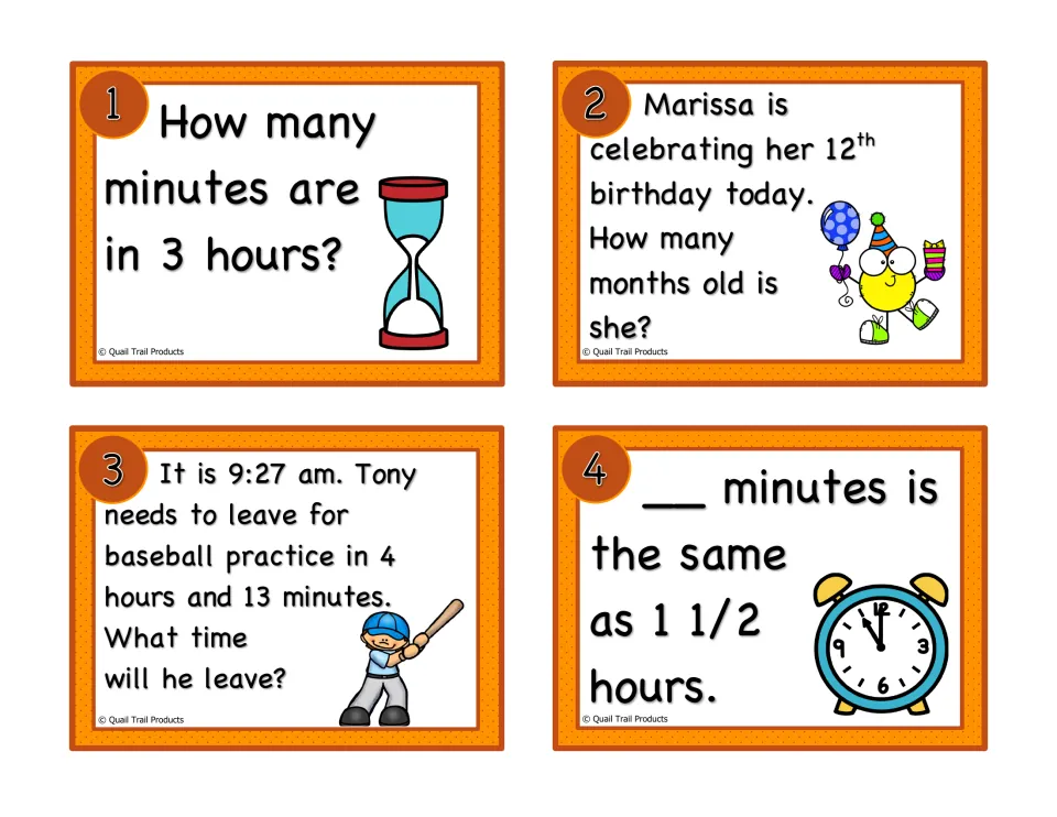 Time task cards 1–4: minutes in 3 hours, months in 12 years, baseball departure time, and minutes in 1 1/2 hours